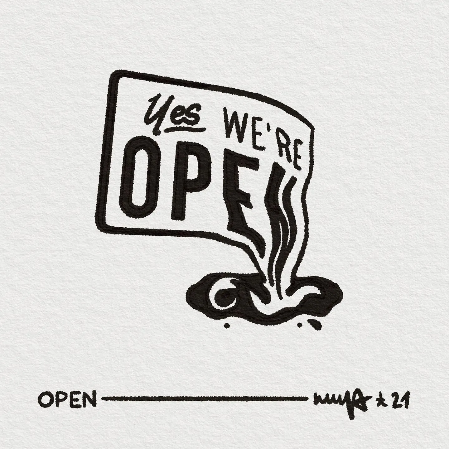 Tatuaż z napisem "Yes We're Open" w stylu gruby kontur — tatuaż, Wujek Darek, Warszawa, Polska
