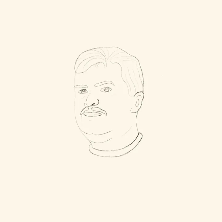 Portret męskiej twarzy z wąsem w stylu grubego konturu — tatuaż, Wujek Darek, Warszawa, Polska