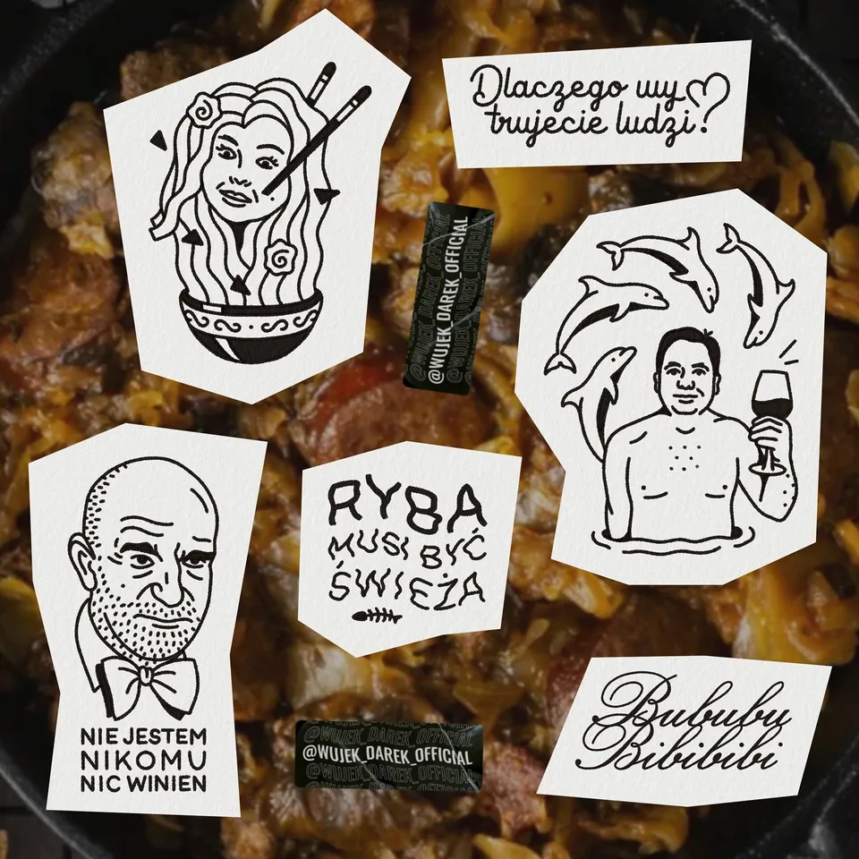 Ignorant flash z grubym konturem – delfiny, łysiejący mężczyzna, kobieta w misce ramen — Tattoo, Wujek Darek Tattoo, Warszawa