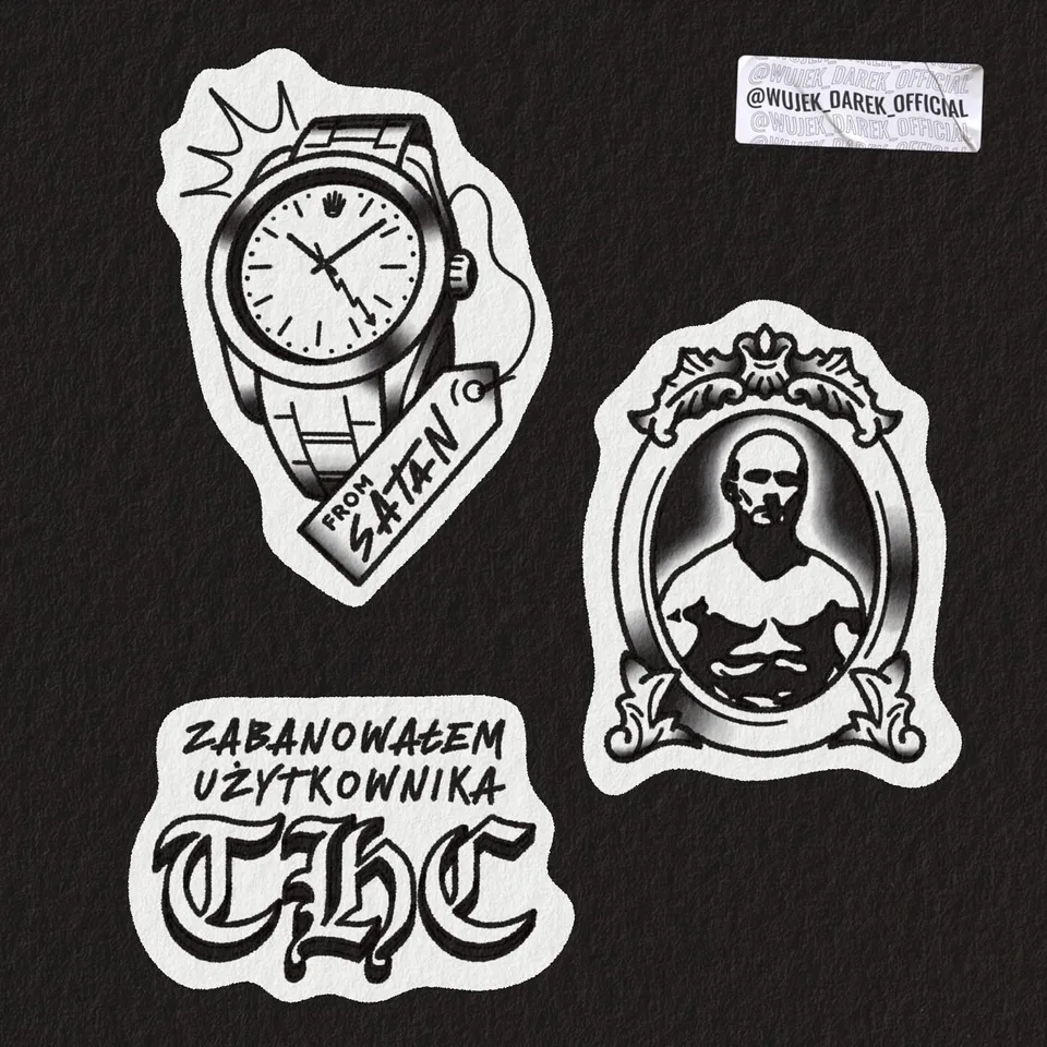 Flash sheet z zegarkiem, portretem w ramie i literingiem w stylu gotyckim — Tattoo, Wujek Darek Tattoo, Warszawa