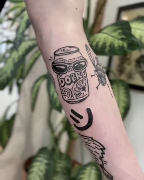 Ignorant tatuaż puszki z okularami i muchą na przedramieniu — Tattoo, Wujek Darek Tattoo, Warszawa