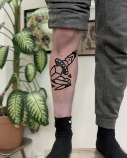 Ignorant tatuaż sztyletu wbitego w geometryczny kryształ na łydce — Tattoo, Wujek Darek Tattoo, Warszawa