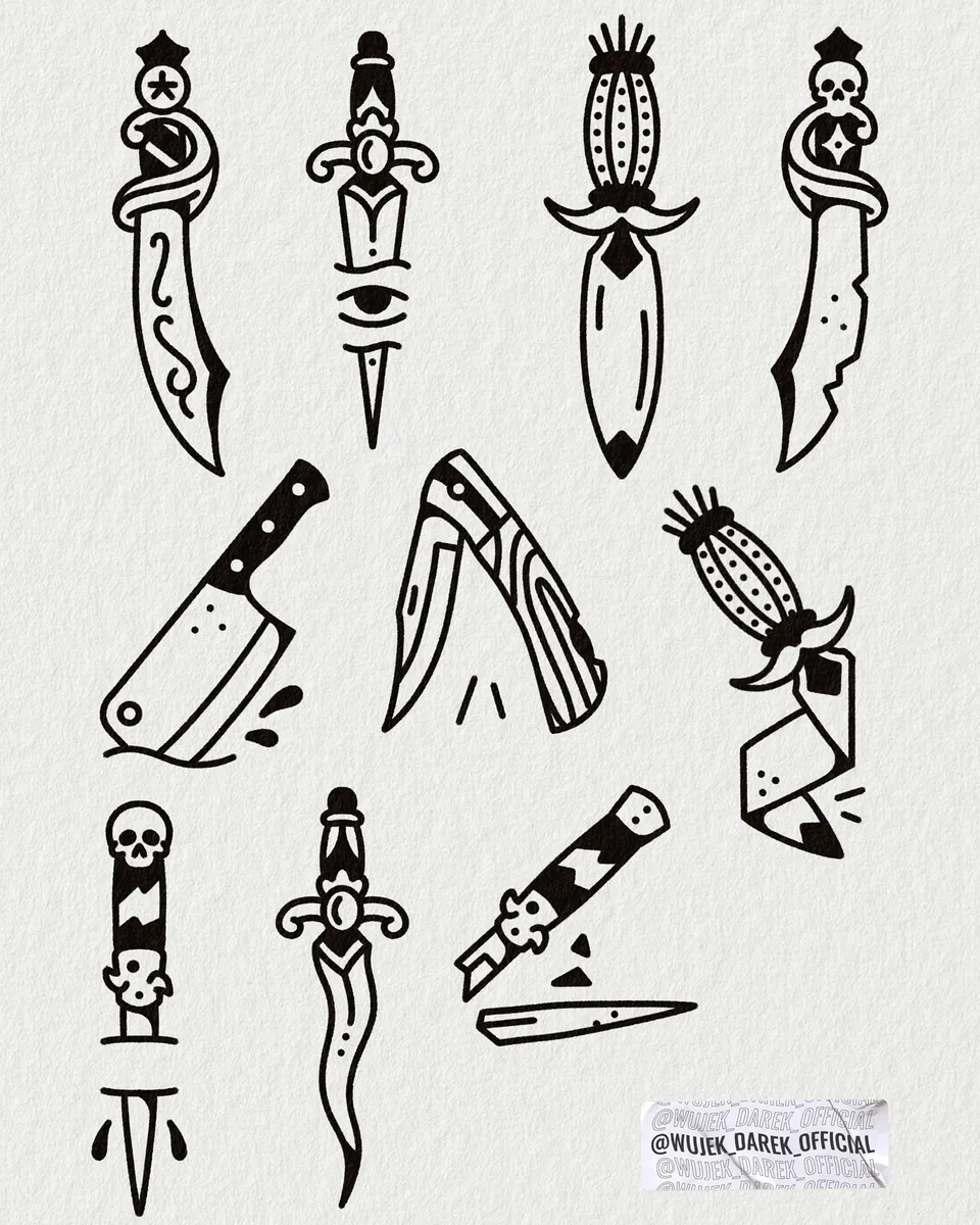 Flash sheet sztyletów i noży z grubym konturem w stylu ignorant — Tattoo, Wujek Darek Tattoo, Warszawa