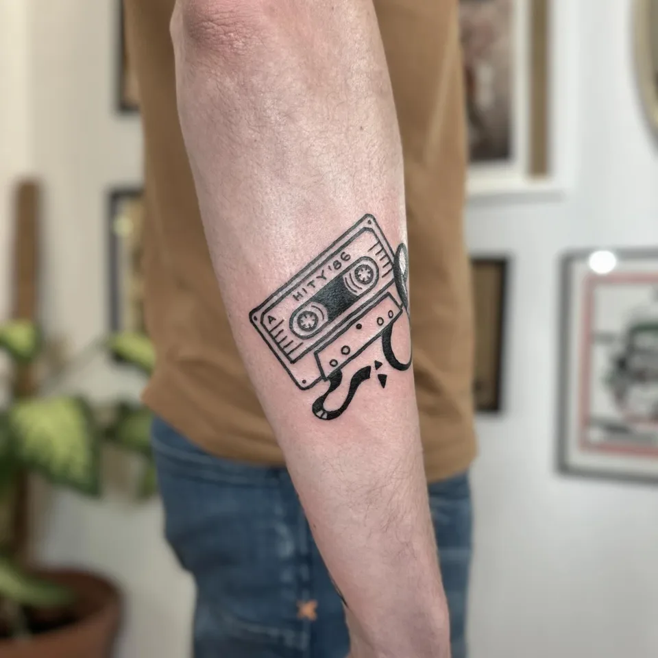 Tatuaż kasety magnetofonowej z wystającą taśmą na przedramieniu (2) — Tattoo, Wujek Darek Tattoo, Warszawa