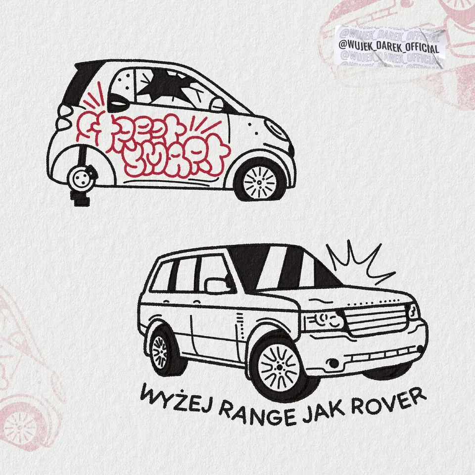 Ignorant tatuaż dwóch samochodów – smart i SUV z grubym konturem — Tattoo, Wujek Darek Tattoo, Warszawa