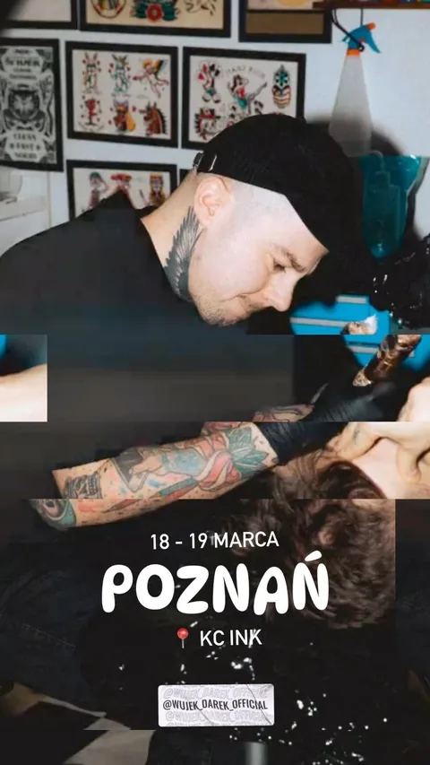 Tatuator z wytatuowaną szyją podczas pracy nad tatuażem gruby kontur — Tattoo, Wujek Darek Tattoo, Warszawa