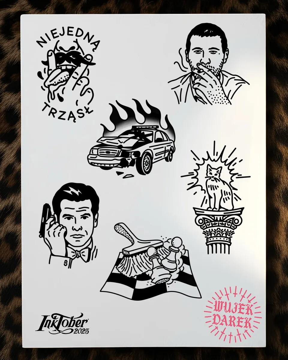 Flash sheet ignorant: płonący radiowóz, koty, memy i gruby kontur — Tattoo, Wujek Darek Tattoo, Warszawa