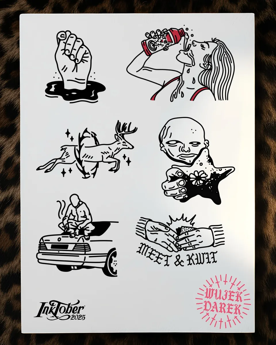 Flash sheet ignorant: płonący radiowóz, koty, memy i gruby kontur (2) — Tattoo, Wujek Darek Tattoo, Warszawa