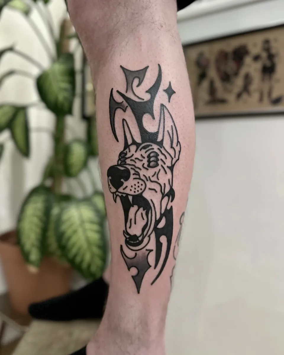 Tatuaż wilka z plemiennym ornamentem na łydce w stylu gruby kontur — Tattoo, Wujek Darek Tattoo, Warszawa