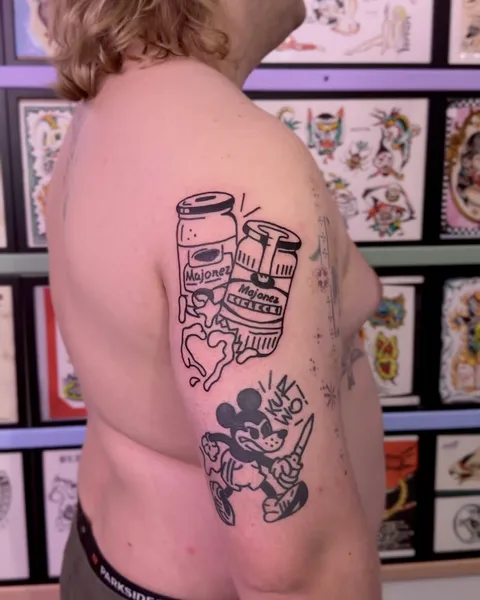 Ignorant tatuaż z myszą w masce i słoikami majonezu na ramieniu — Tattoo, Wujek Darek Tattoo, Warszawa