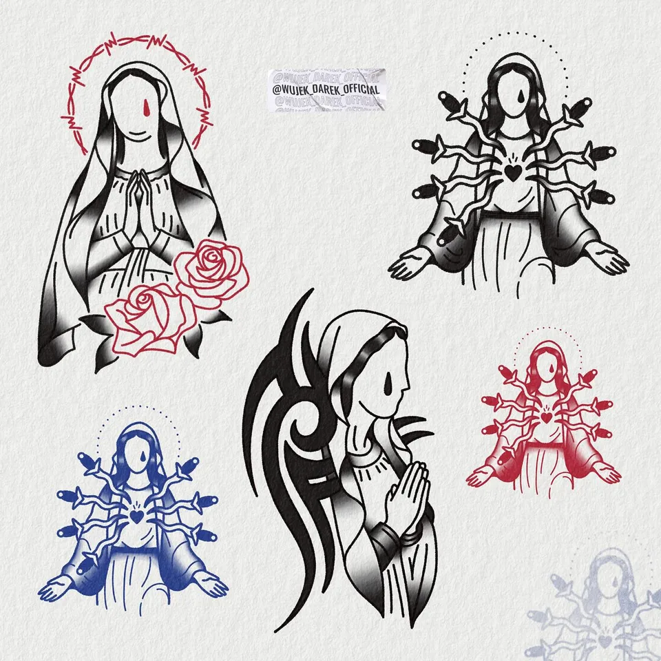 Tatuaż Matki Boskiej z różami i ciernistymi gałęziami – flash sheet — Tattoo, Wujek Darek Tattoo, Warszawa
