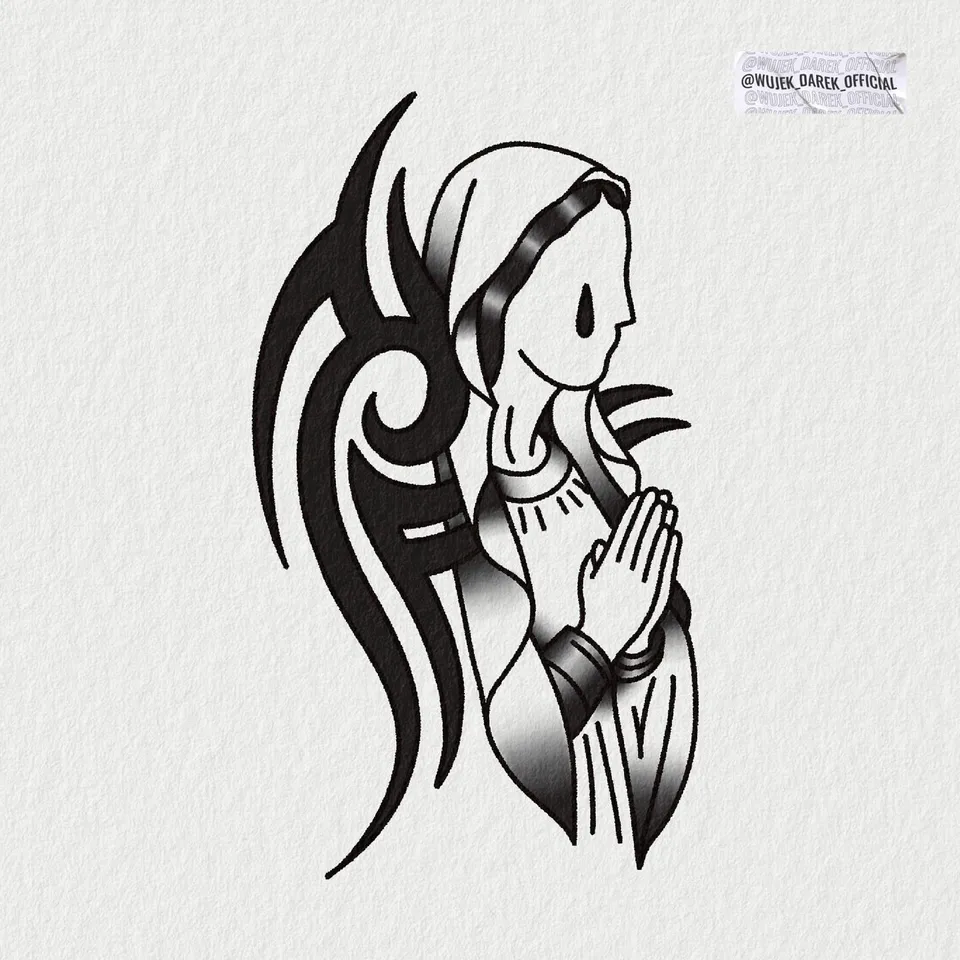 Tatuaż Matki Boskiej z różami i ciernistymi gałęziami – flash sheet (2) — Tattoo, Wujek Darek Tattoo, Warszawa