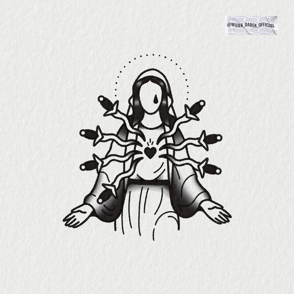 Tatuaż Matki Boskiej z różami i ciernistymi gałęziami – flash sheet (3) — Tattoo, Wujek Darek Tattoo, Warszawa
