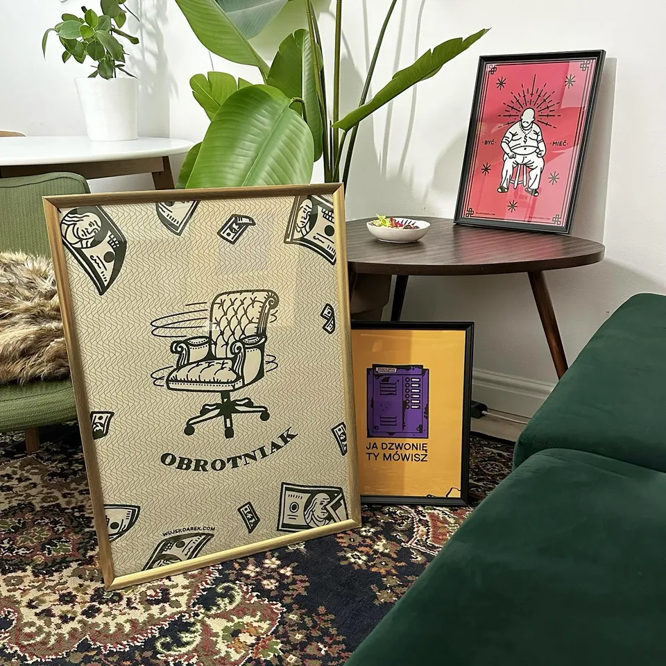 Plakaty z grubokonturową ilustracją domofonu i fotela biurowego (2) — Tattoo, Wujek Darek Tattoo, Warszawa
