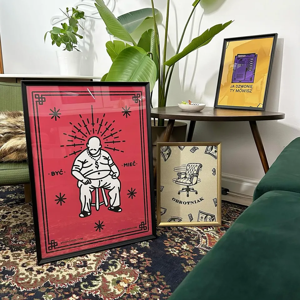 Plakaty z grubokonturową ilustracją domofonu i fotela biurowego (3) — Tattoo, Wujek Darek Tattoo, Warszawa