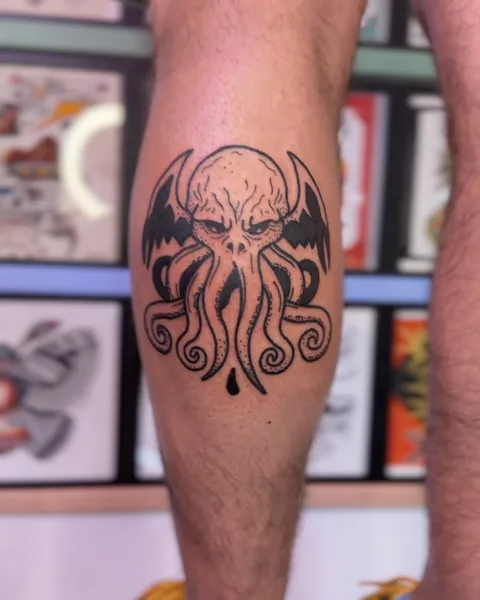Tatuaż Cthulhu z grubym konturem na łydce — Tatuaż, Wujek Darek Tattoo, Warszawa