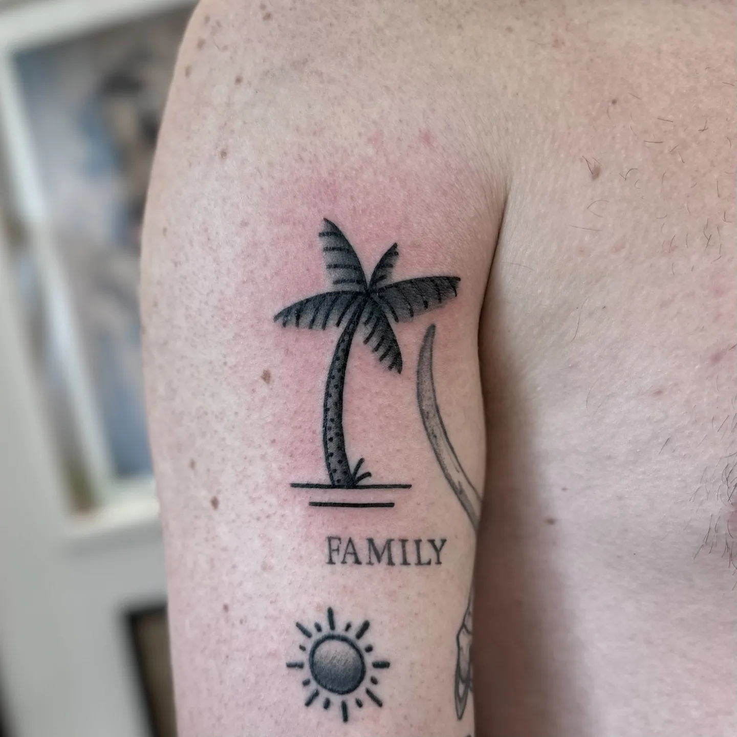 Tatuaż palmy z gruby konturem i słońcem na ramieniu — Tattoo, Wujek Darek Tattoo, Warszawa
